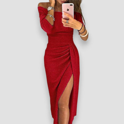 Women's Off-Shoulder Shimmer Midi Evening Dress | with Side-Slit