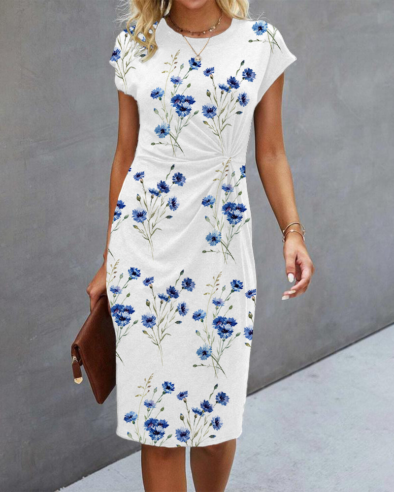 Women’s Floral Pattern Short Sleeve Wrap Dress | Midi