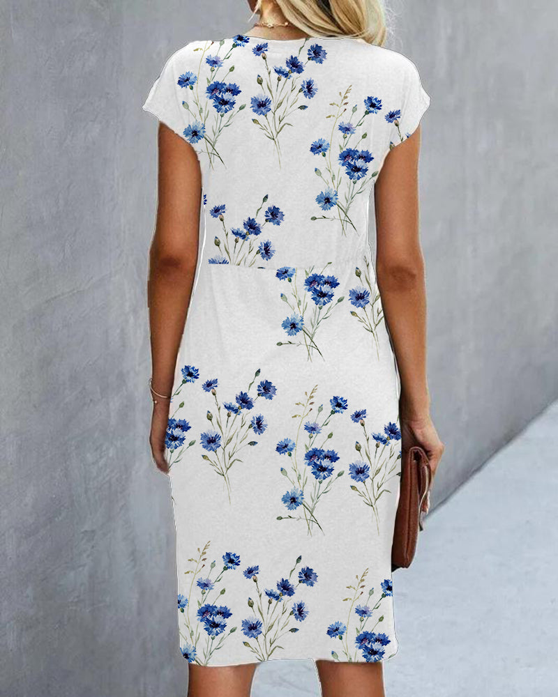 Women’s Floral Pattern Short Sleeve Wrap Dress | Midi