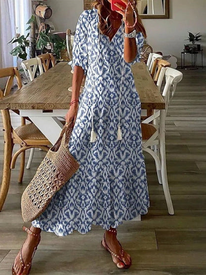 Women's Bohemian V-Neck Flowy Summer Dress | Maxi