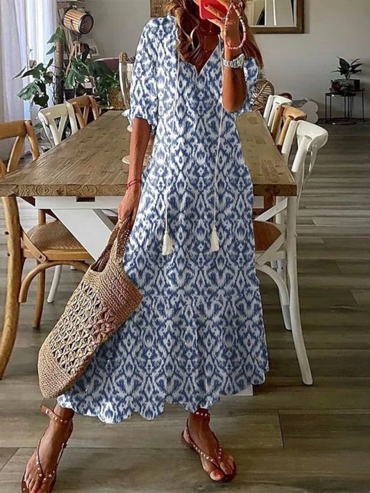 Women's Bohemian V-Neck Flowy Summer Dress | Maxi
