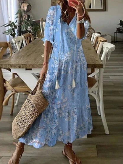 Women's Bohemian V-Neck Flowy Summer Dress | Maxi