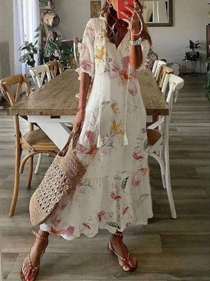 Women's Bohemian V-Neck Flowy Summer Dress | Maxi
