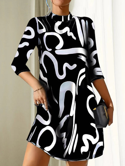 Women’s Casual Loose-Fitting Stand Collar Dress | 3/4 Sleeves
