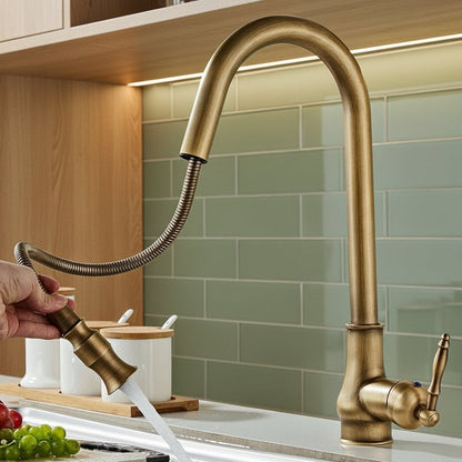 Pull-Out Kitchen Faucet in Antique Bronze for Stylish and Flexible Kitchen Use