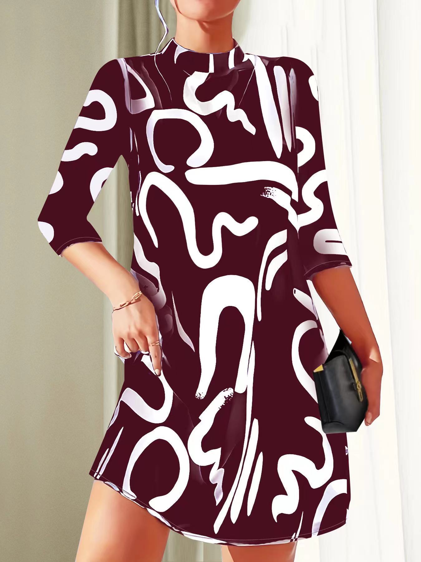 Women’s Casual Loose-Fitting Stand Collar Dress | 3/4 Sleeves