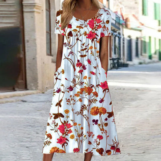 Women's Floral Pattern Summer Dress with Pockets | Midi