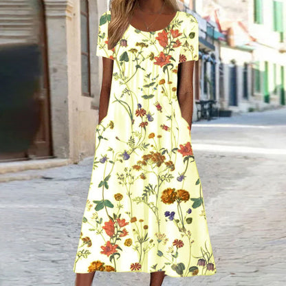 Women's Floral Pattern Summer Dress with Pockets | Midi