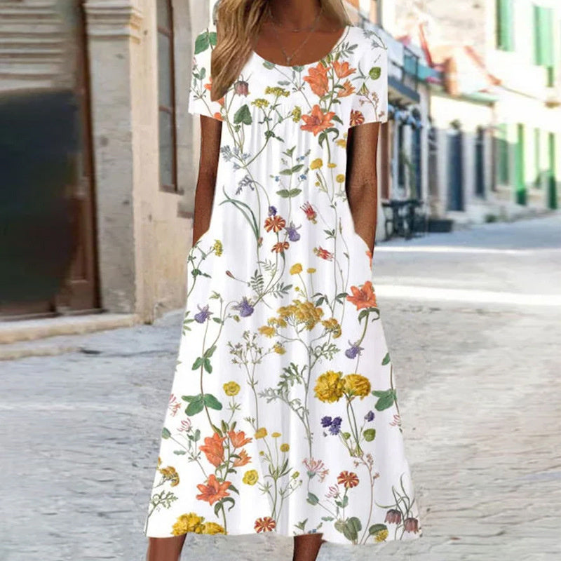 Women's Floral Pattern Summer Dress with Pockets | Midi