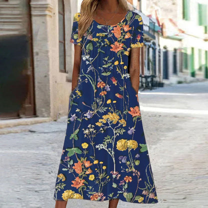 Women's Floral Pattern Summer Dress with Pockets | Midi