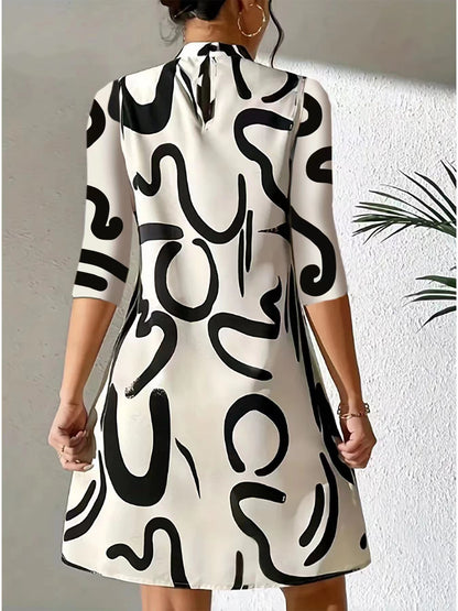 Women’s Casual Loose-Fitting Stand Collar Dress | 3/4 Sleeves