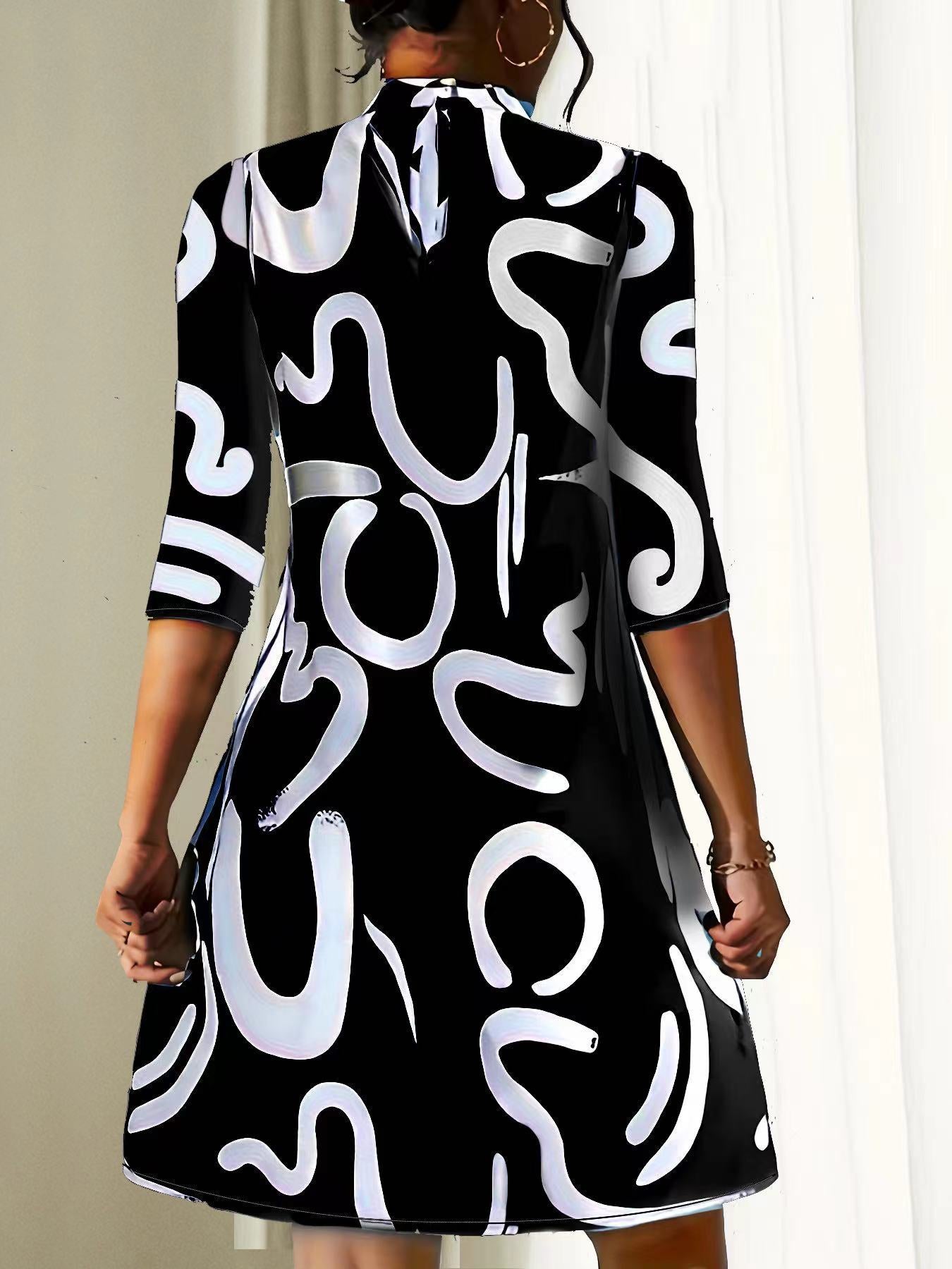 Women’s Casual Loose-Fitting Stand Collar Dress | 3/4 Sleeves