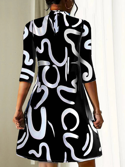 Women’s Casual Loose-Fitting Stand Collar Dress | 3/4 Sleeves