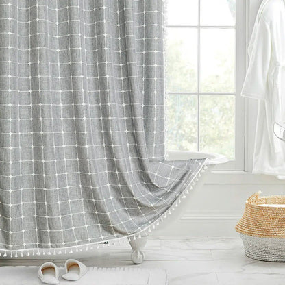 Bohemian Linen Shower Curtain with Tassels & Waterproof Design