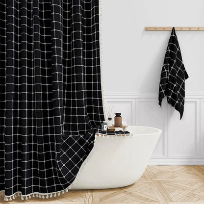 Bohemian Linen Shower Curtain with Tassels & Waterproof Design