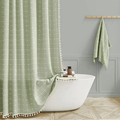 Bohemian Linen Shower Curtain with Tassels & Waterproof Design