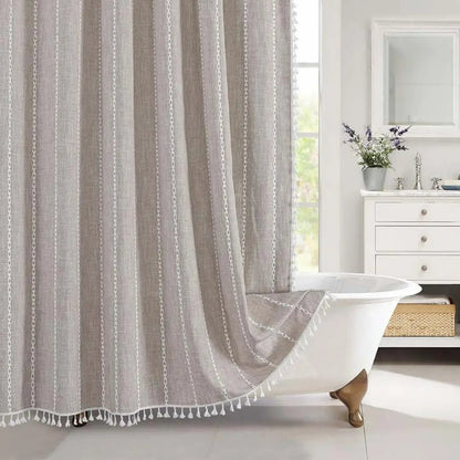 Bohemian Linen Shower Curtain with Tassels & Waterproof Design