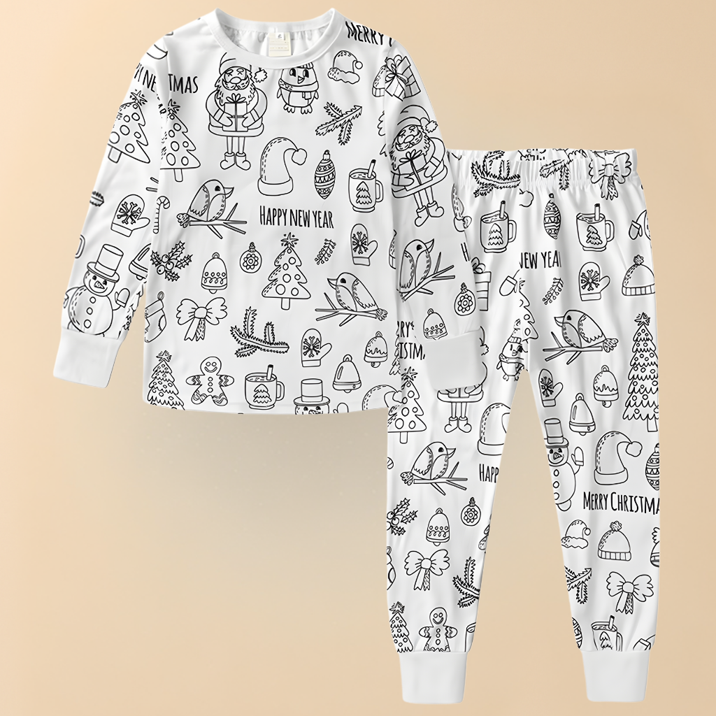 Children's Cotton Pajama Set with Christmas Painting Design