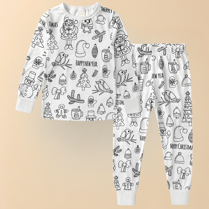 Children's Cotton Pajama Set with Christmas Painting Design