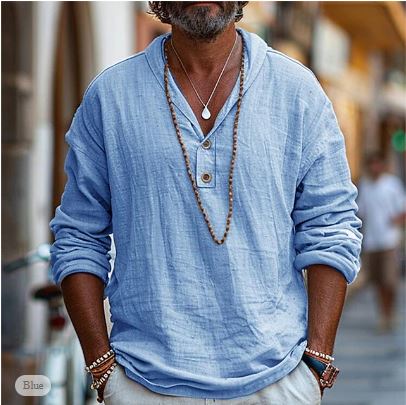 Men's Henley Style Linen Shirt | Long Sleeve