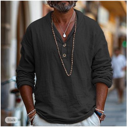 Men's Henley Style Linen Shirt | Long Sleeve