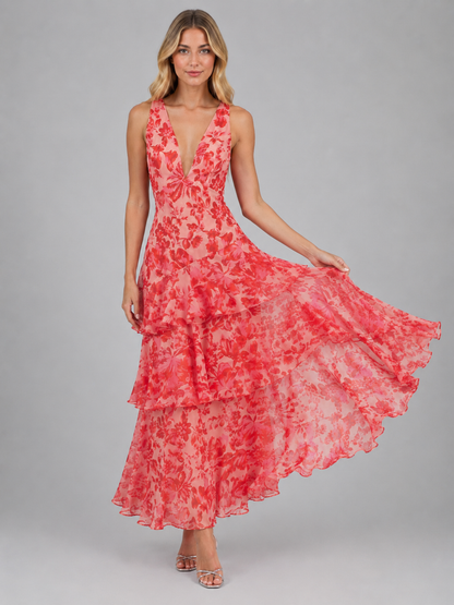 Women's Tiered Ruffle Summer Floral Maxi Dress | V-Neck