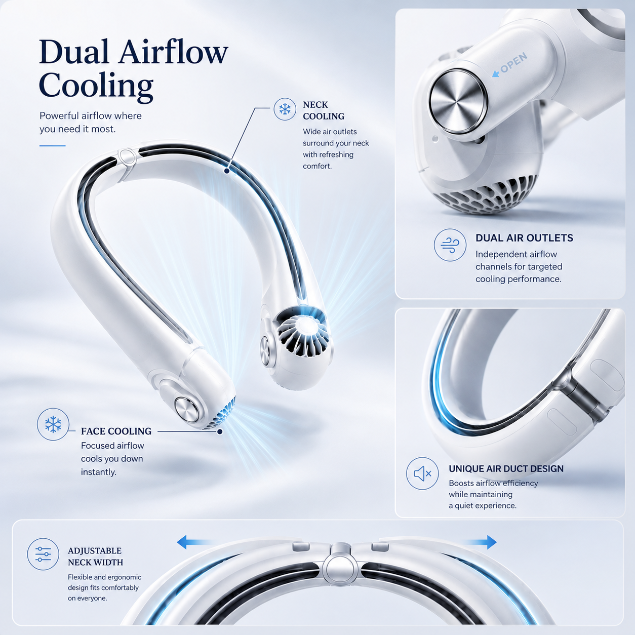 Rechargeable Dual Airflow Neck Fan with USB-C for Travel, Sports, and Outdoor Use