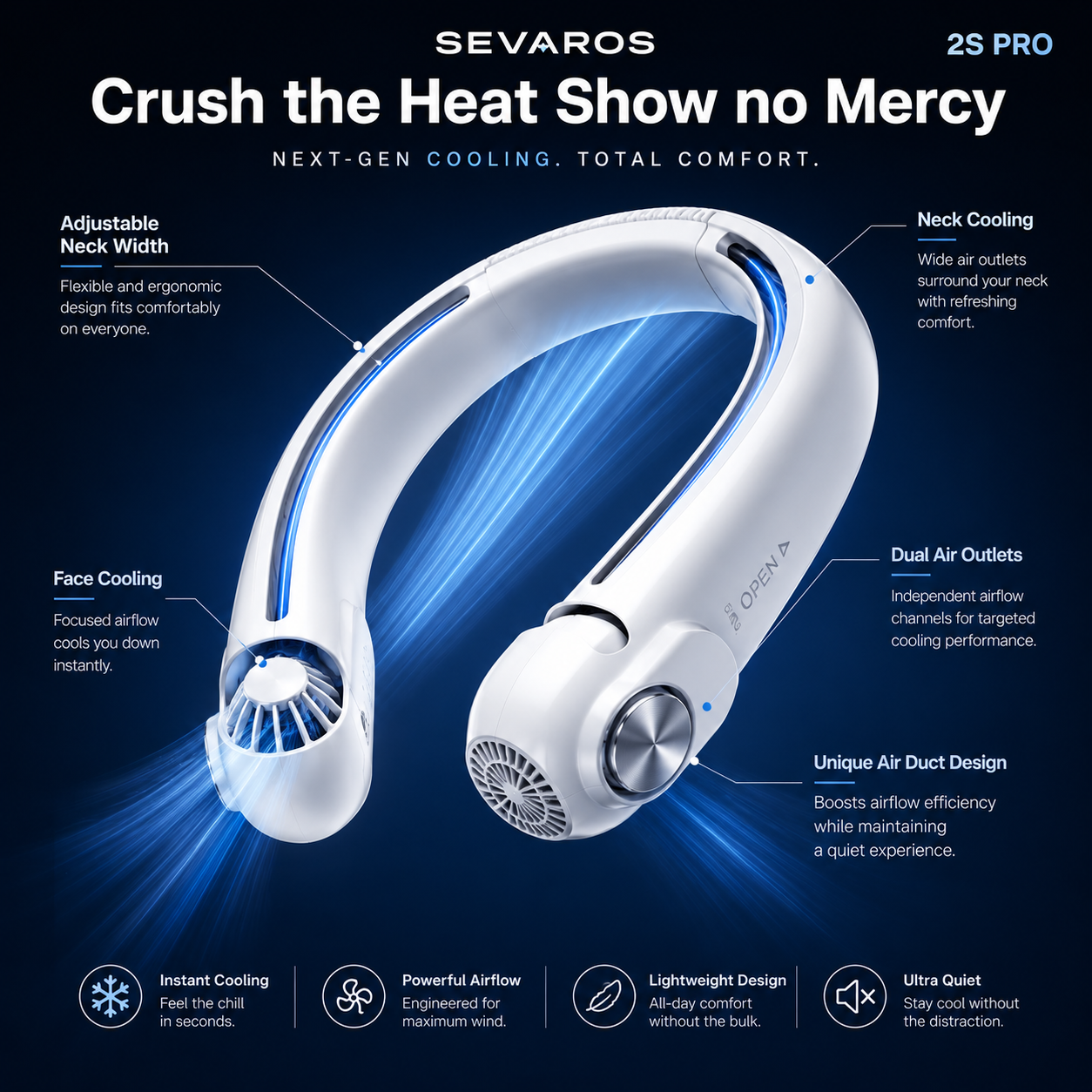 Rechargeable Dual Airflow Neck Fan with USB-C for Travel, Sports, and Outdoor Use