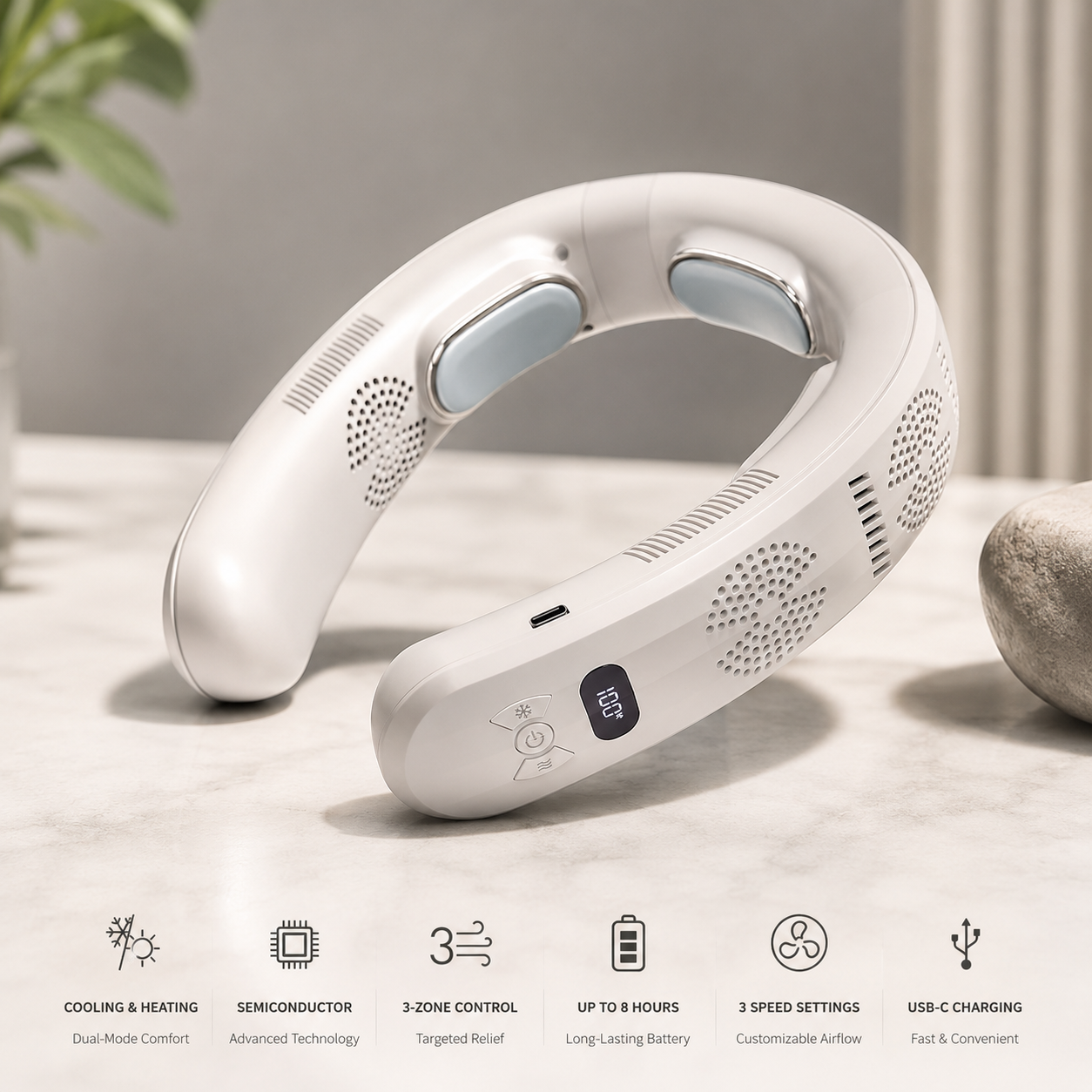 3 Zone Neck Cooler and Heater, All-Weather Wearable Neck Fan