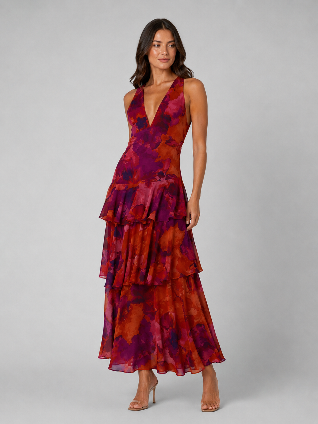 Women's Floral Deep V-Neck Tiered Maxi Dress | Sleeveless