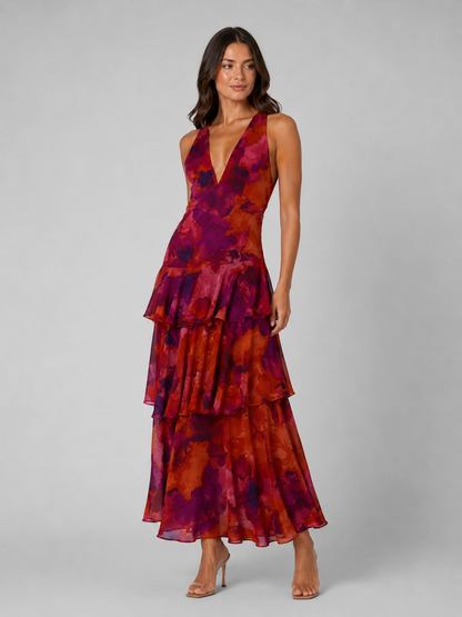 Women's Floral Deep V-Neck Tiered Maxi Dress | Sleeveless