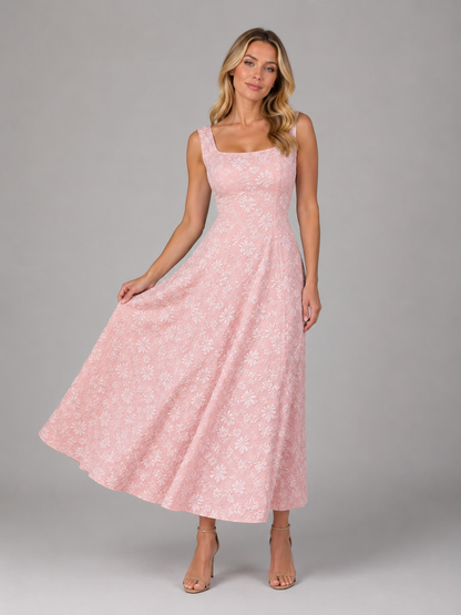 Women's Square Neck Floral Wedding Guest Dress | Midi
