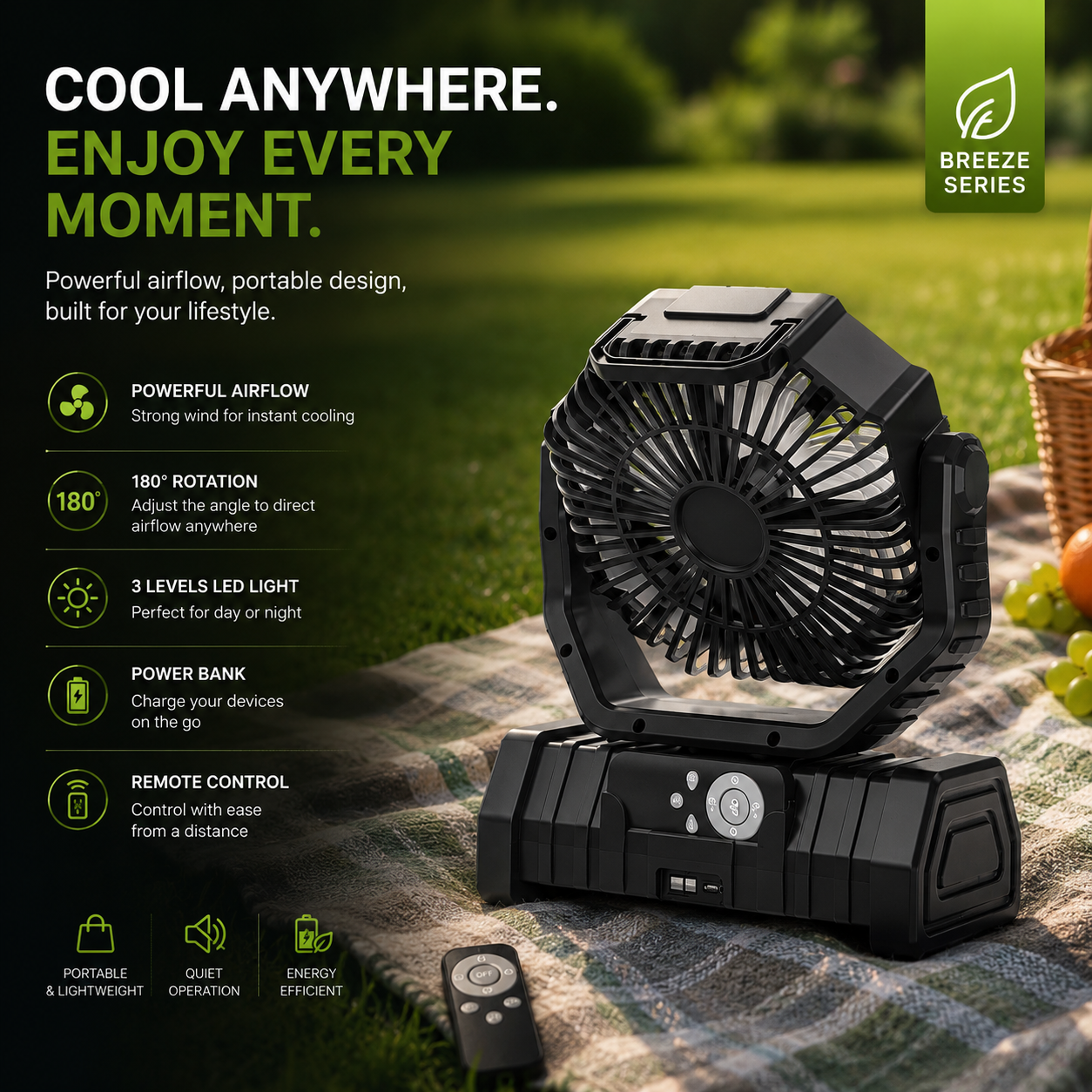 Camping Fan with LED Lantern and Battery-Powered Tent Light