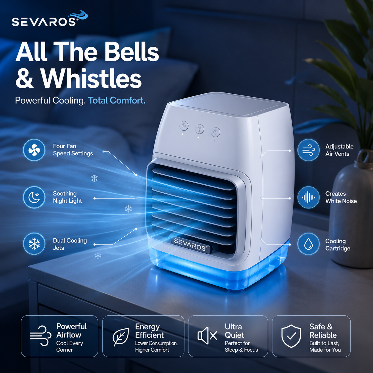 Compact Mini Evaporative Cooler with 4 Speed Options and 8-Hour Runtime