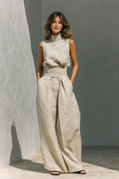 Women's High Neck Top and Wide-Leg Pants | Two-Piece Summer Set