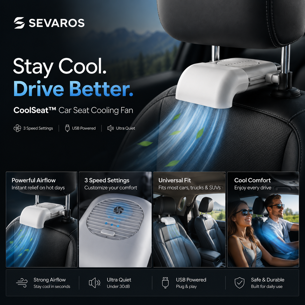 USB-Powered Cooling Fan for Car Seats, Adjustable Three-Speed Settings, Enhanced Ventilation Comfort