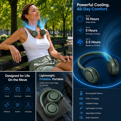 Portable Rechargeable Neck Fan - Foldable Bladeless Hands-Free Cooling for Travel