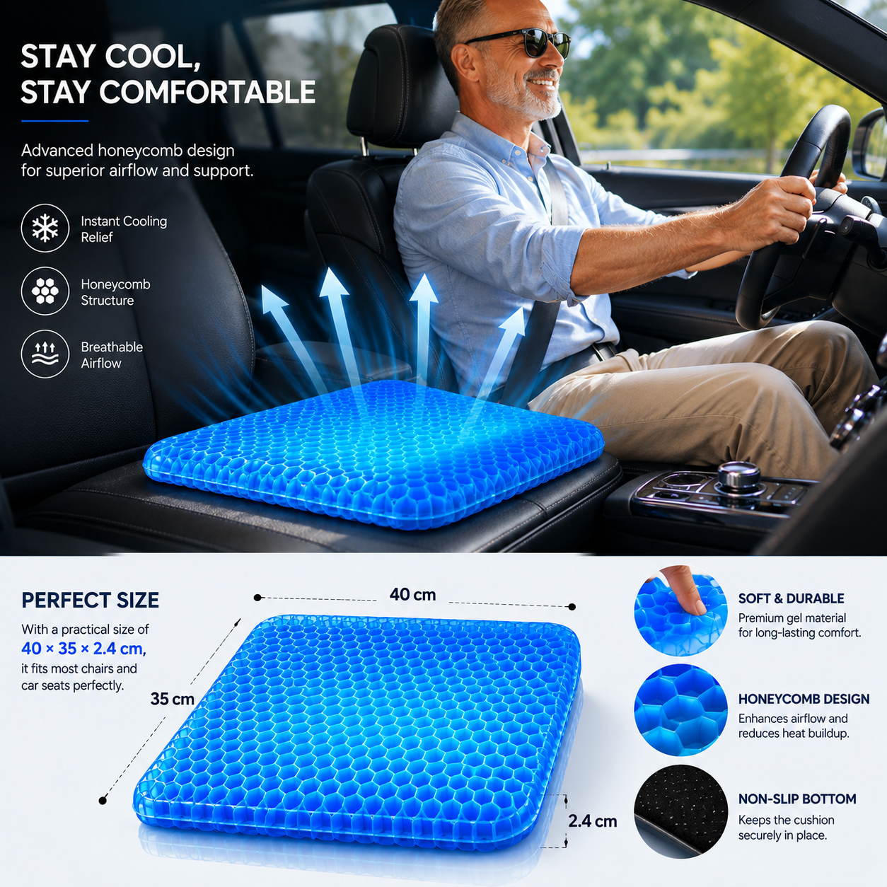 Cooling Gel Seat Cushion with Honeycomb Design, Non-Slip Pad for Home and Office Use