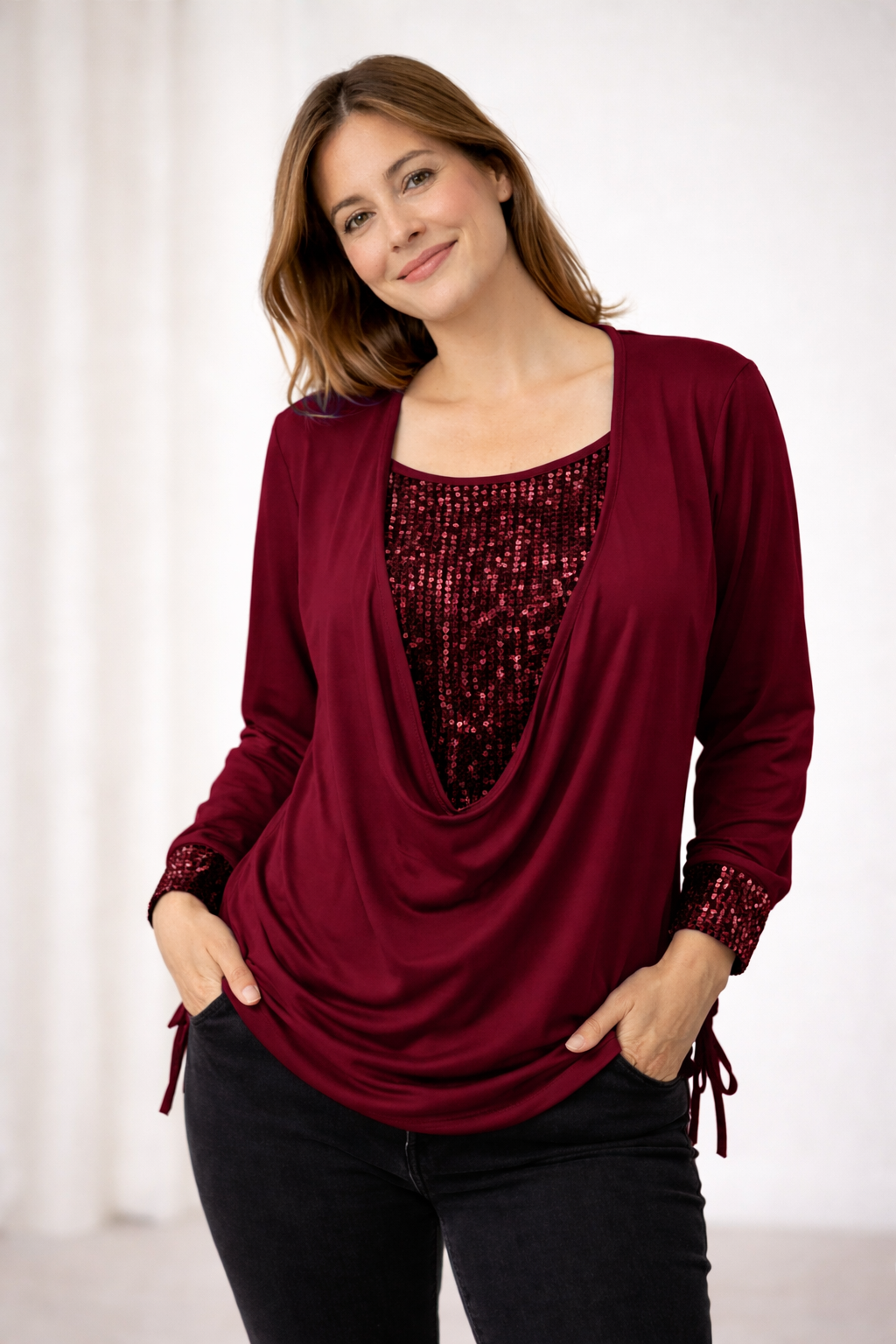 Women’s Waterfall Neck Party Blouse | Long Sleeves