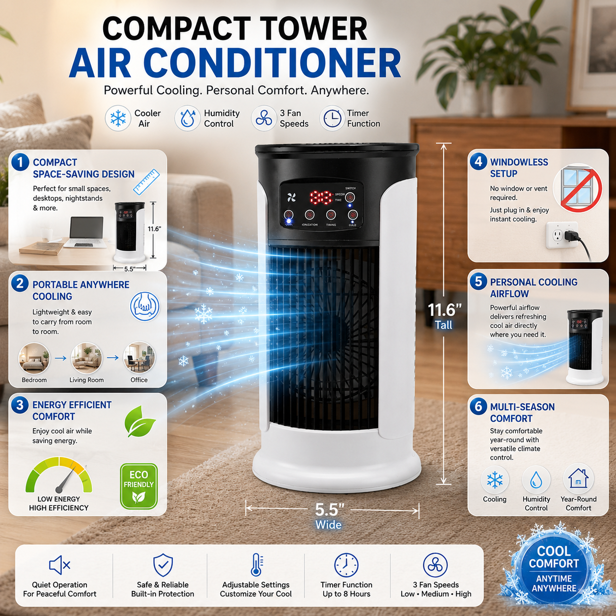Energy-Efficient Compact Portable Evaporative Air Conditioner for Cooling