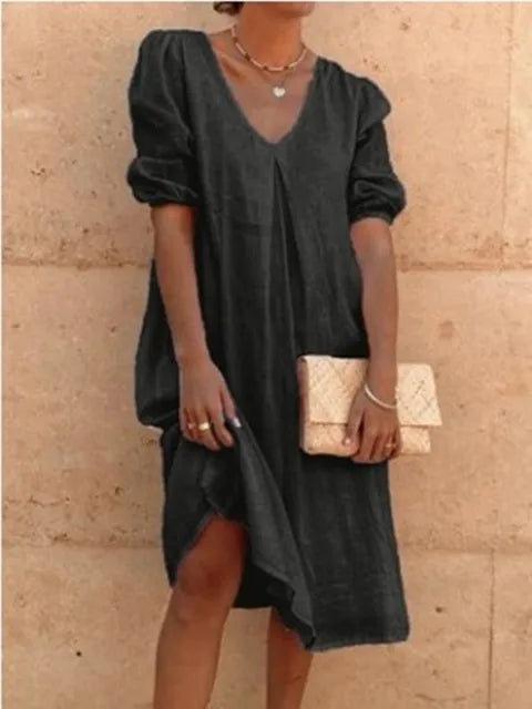 Women's V-Neck Midi Summer Dress | with Puff Sleeves