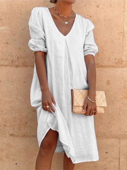 Women's V-Neck Midi Summer Dress | with Puff Sleeves