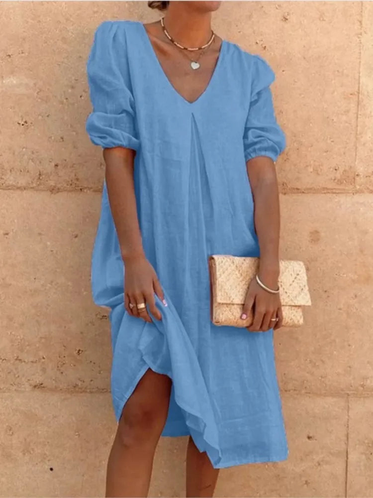Women's V-Neck Midi Summer Dress | with Puff Sleeves