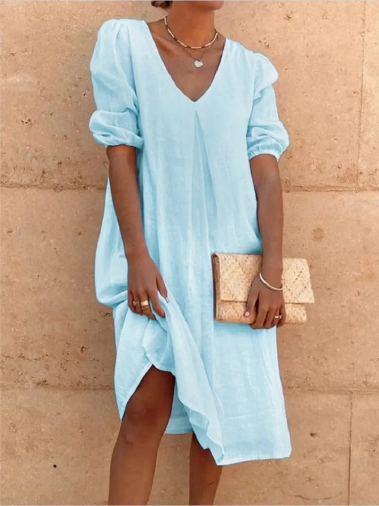 Women's V-Neck Midi Summer Dress | with Puff Sleeves
