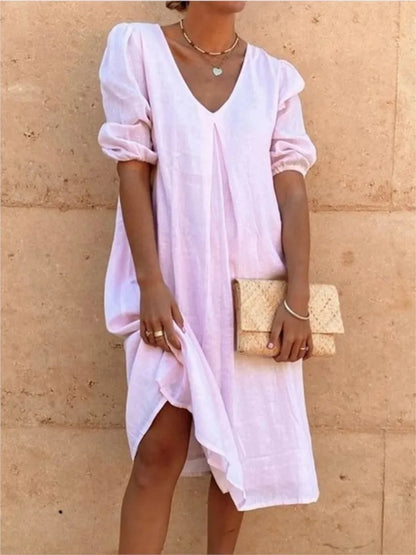 Women's V-Neck Midi Summer Dress | with Puff Sleeves