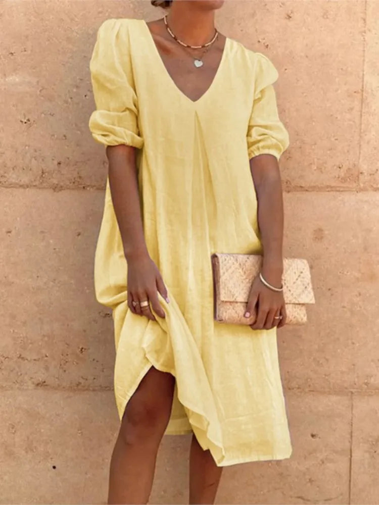 Women's V-Neck Midi Summer Dress | with Puff Sleeves