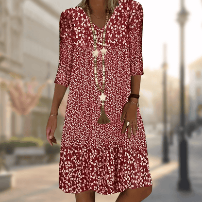 Women's Floral Pattern Boho Midi Dress | 3/4 Sleeves