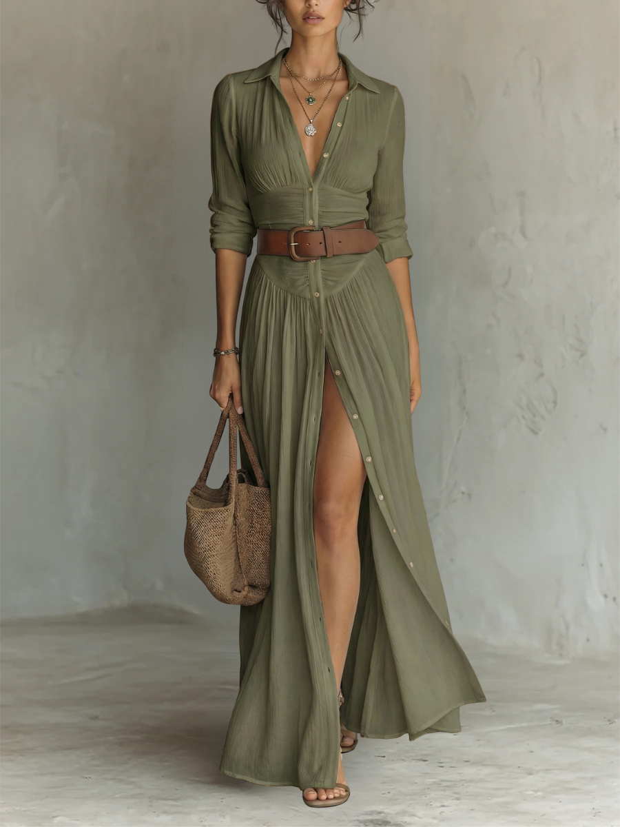 Women's Boho Button Down Maxi Shirt Dress | Long Sleeve