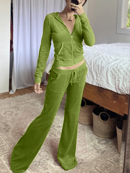 Green Vintage Velvet Tracksuit Set with Zip and Hood