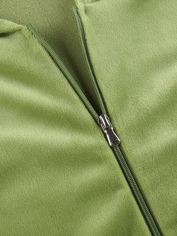 Green Vintage Velvet Tracksuit Set with Zip and Hood